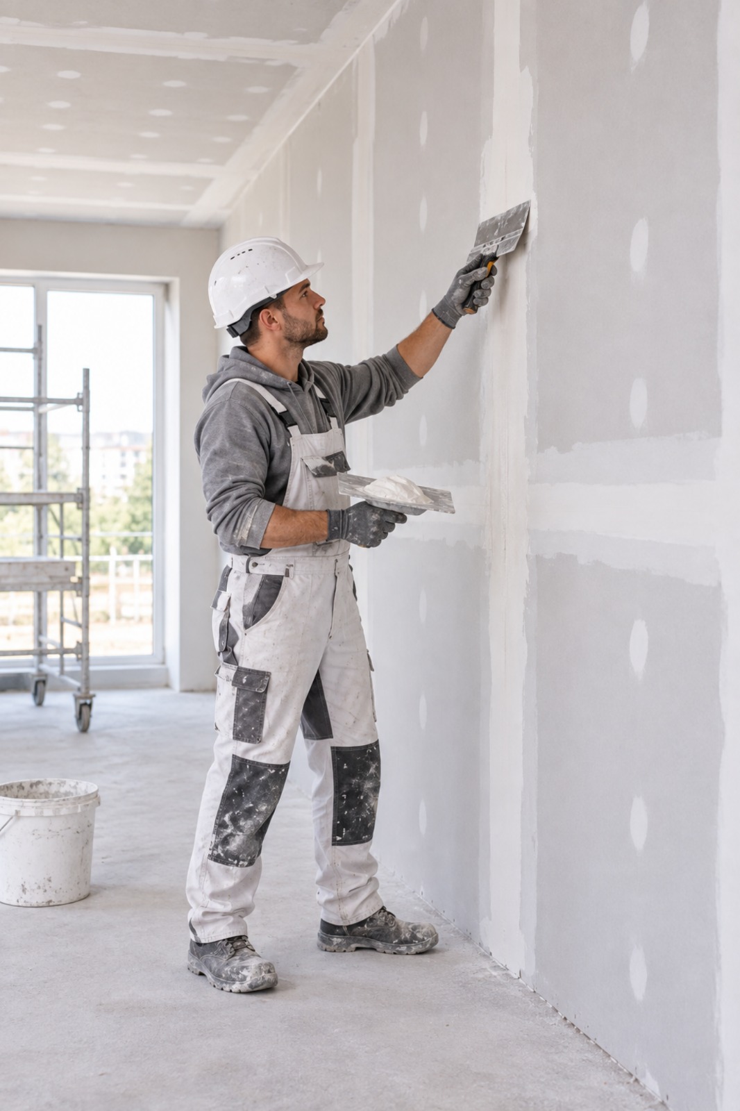 Sun Lite professional gypsum plaster applicator using trowel on interior wall