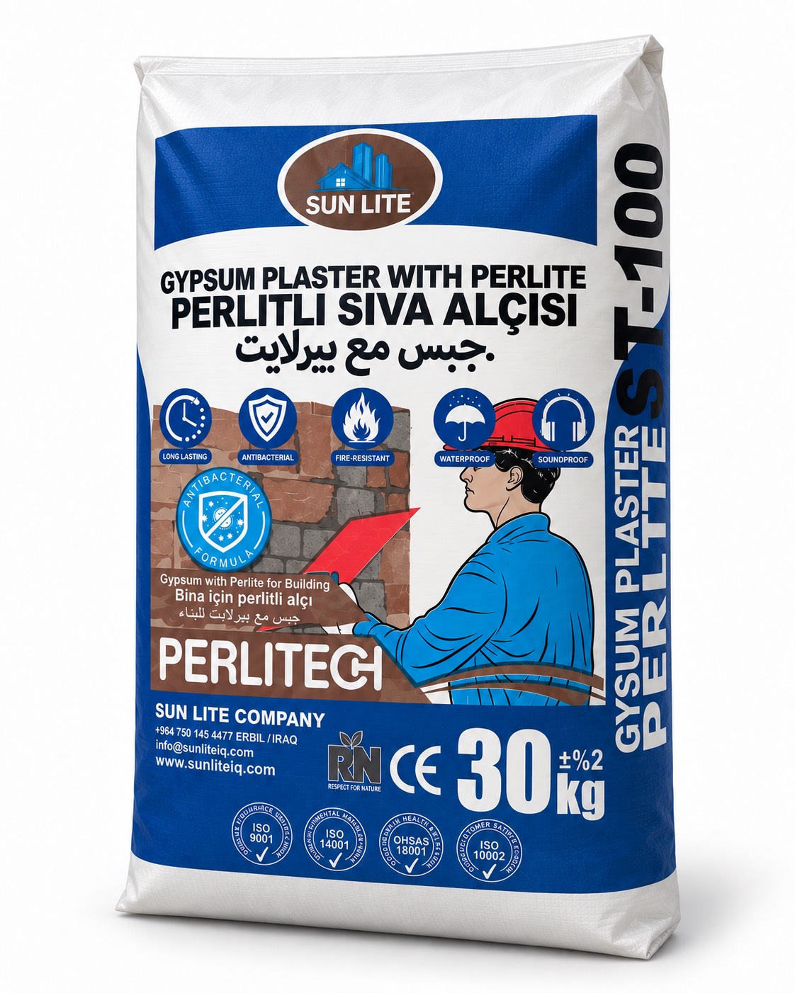 Sun Lite gypsum plaster product line (ST-100, ST-101, ST-102, ST-103) manufactured in Erbil Iraq